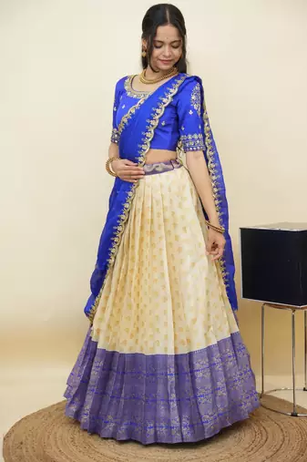 South Indian Style Half Saree With Embroidery Work Blouse & Dupatta for Women