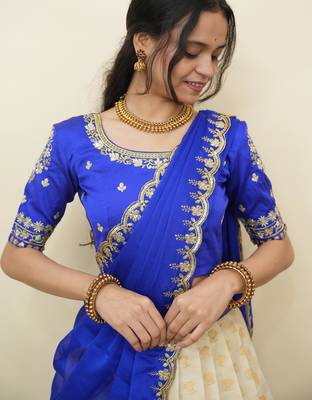 South Indian Style Half Saree With Embroidery Work Blouse & Dupatta for Women 4