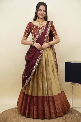 South Indian Style Half Saree With Embroidery Work Blouse & Dupatta for Women