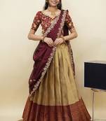 South Indian Style Half Saree With Embroidery Work Blouse & Dupatta for Women