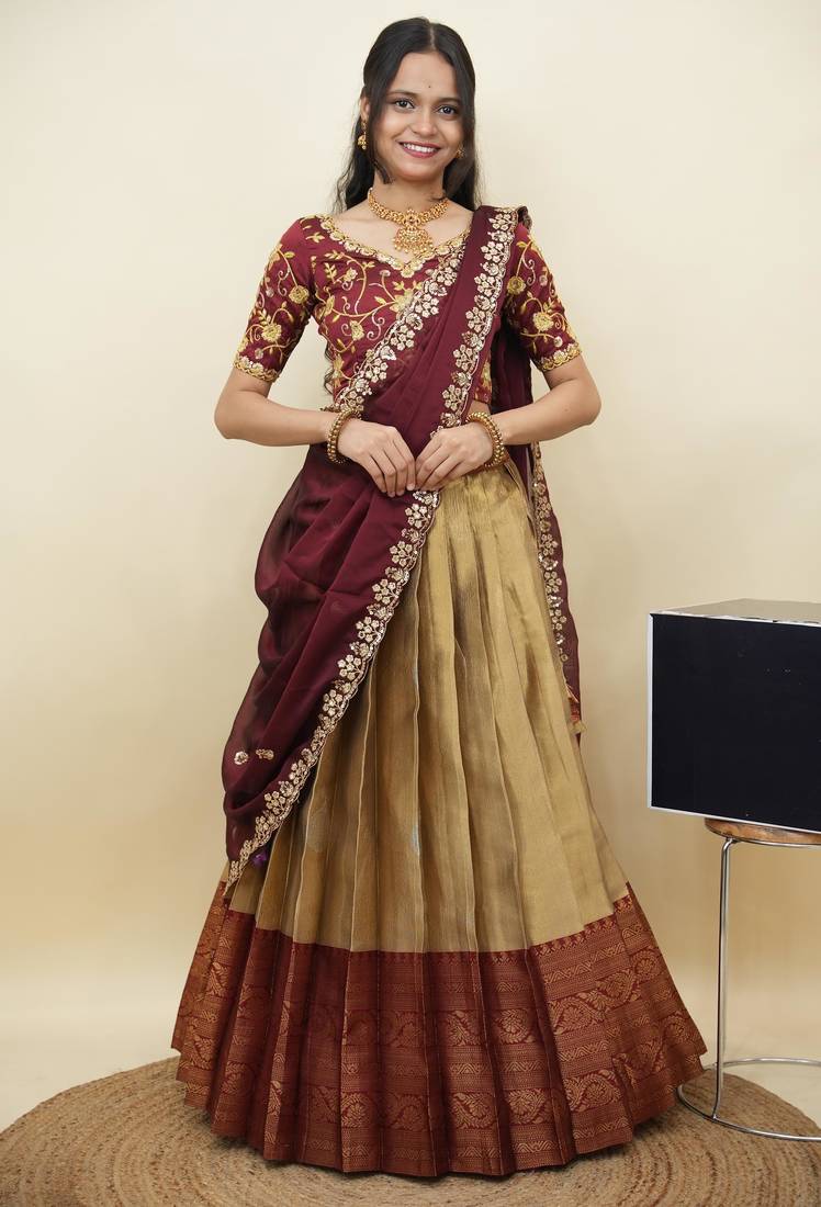 South Indian Style Half Saree With Embroidery Work Blouse & Dupatta for Women