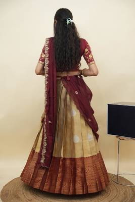South Indian Style Half Saree With Embroidery Work Blouse & Dupatta for Women 2