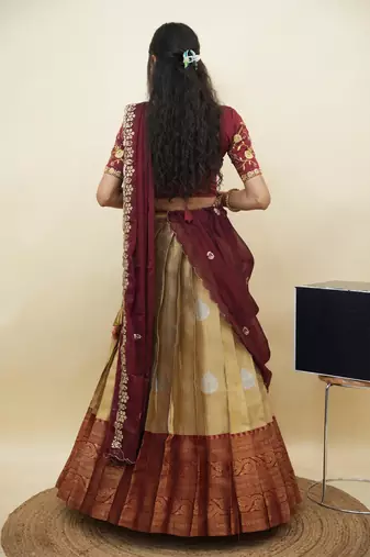 South Indian Style Half Saree With Embroidery Work Blouse & Dupatta for Women