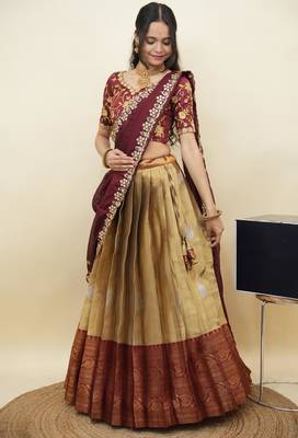 South Indian Style Half Saree With Embroidery Work Blouse & Dupatta for Women 3