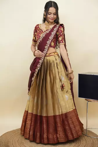 South Indian Style Half Saree With Embroidery Work Blouse & Dupatta for Women