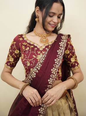 South Indian Style Half Saree With Embroidery Work Blouse & Dupatta for Women 4