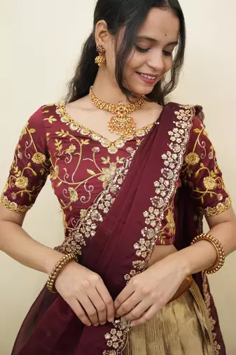 South Indian Style Half Saree With Embroidery Work Blouse & Dupatta for Women