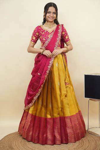 South Indian Style Half Saree With Embroidery Work Blouse & Dupatta for Women