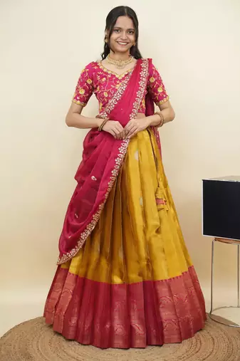 South Indian Style Half Saree With Embroidery Work Blouse & Dupatta for Women