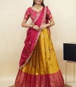 South Indian Style Half Saree With Embroidery Work Blouse & Dupatta for Women
