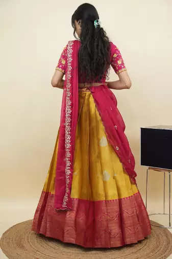 South Indian Style Half Saree With Embroidery Work Blouse & Dupatta for Women