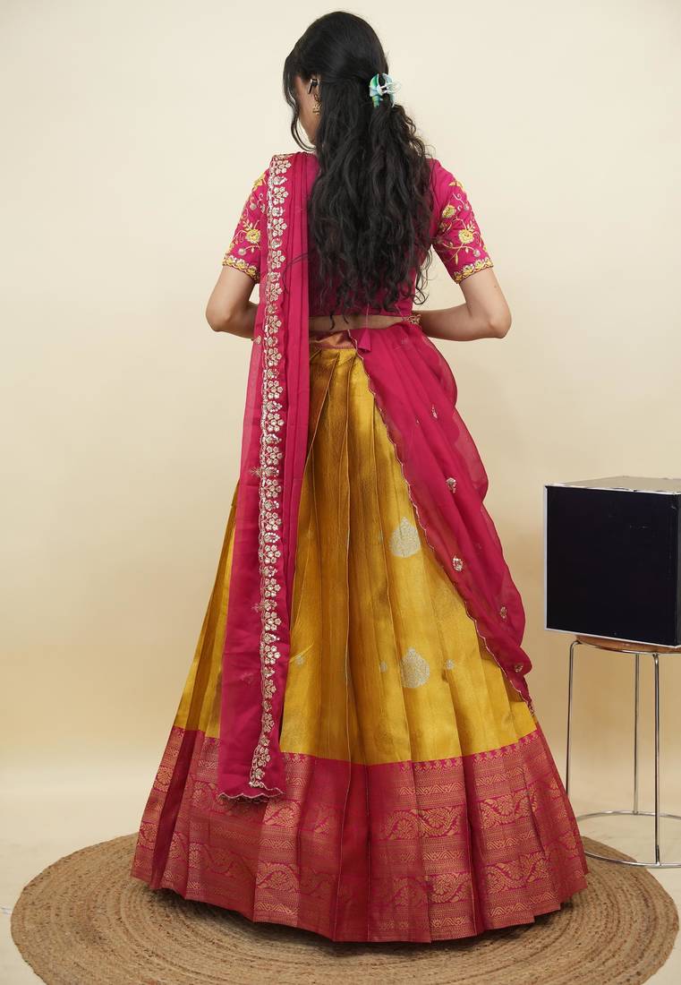 South Indian Style Half Saree With Embroidery Work Blouse & Dupatta for Women