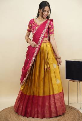 South Indian Style Half Saree With Embroidery Work Blouse & Dupatta for Women 3