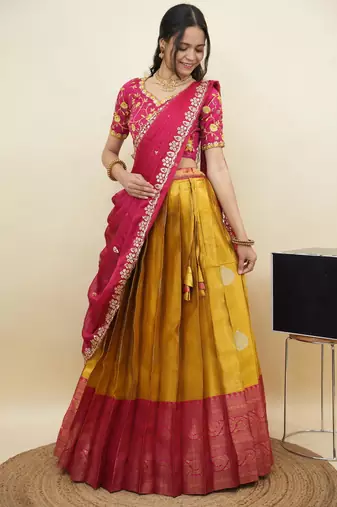 South Indian Style Half Saree With Embroidery Work Blouse & Dupatta for Women