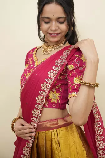 South Indian Style Half Saree With Embroidery Work Blouse & Dupatta for Women