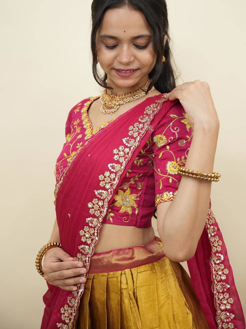 South Indian Style Half Saree With Embroidery Work Blouse & Dupatta for Women