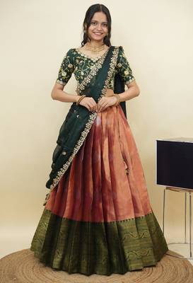 South Indian Style Half Saree With Embroidery Work Blouse & Dupatta for Women 1