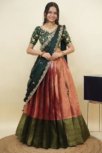 South Indian Style Half Saree With Embroidery Work Blouse & Dupatta for Women