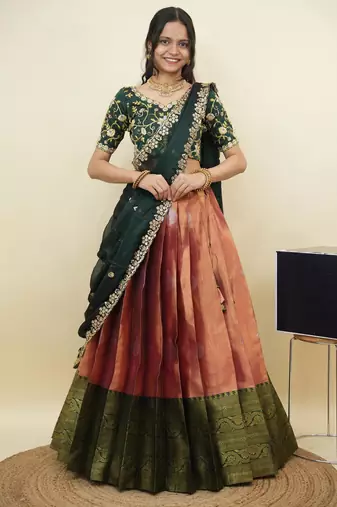 South Indian Style Half Saree With Embroidery Work Blouse & Dupatta for Women
