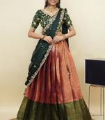 South Indian Style Half Saree With Embroidery Work Blouse & Dupatta for Women