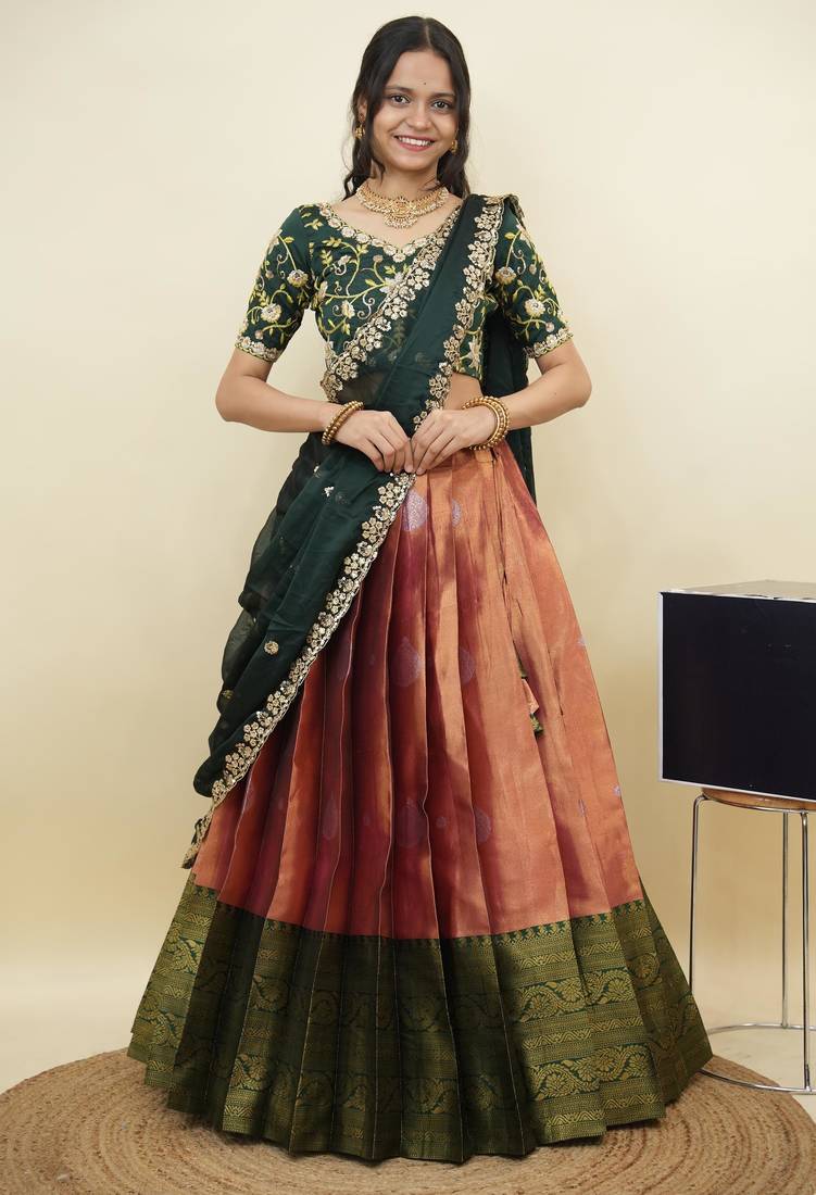 South Indian Style Half Saree With Embroidery Work Blouse & Dupatta for Women
