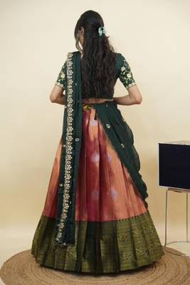 South Indian Style Half Saree With Embroidery Work Blouse & Dupatta for Women 2