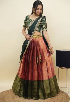 South Indian Style Half Saree With Embroidery Work Blouse & Dupatta for Women 3
