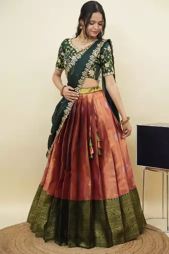 South Indian Style Half Saree With Embroidery Work Blouse & Dupatta for Women