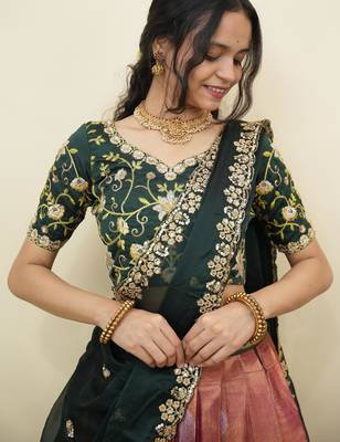 South Indian Style Half Saree With Embroidery Work Blouse & Dupatta for Women 4