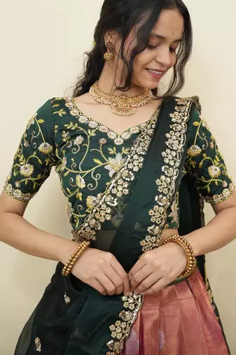 South Indian Style Half Saree With Embroidery Work Blouse & Dupatta for Women