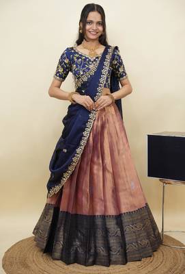South Indian Style Half Saree With Embroidery Work Blouse & Dupatta for Women 1