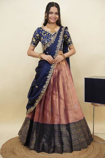 South Indian Style Half Saree With Embroidery Work Blouse & Dupatta for Women