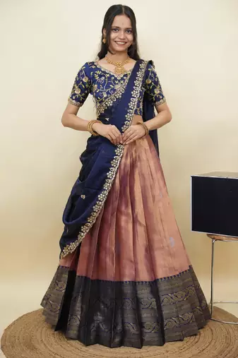 South Indian Style Half Saree With Embroidery Work Blouse & Dupatta for Women