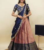 South Indian Style Half Saree With Embroidery Work Blouse & Dupatta for Women