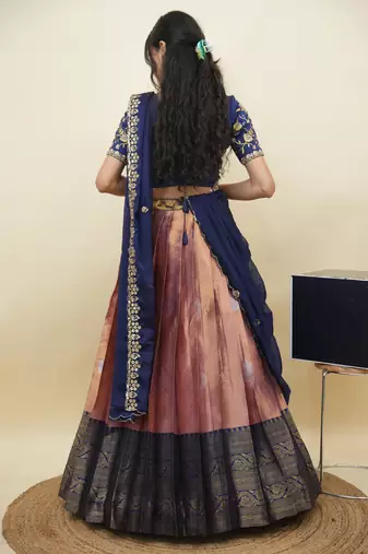 South Indian Style Half Saree With Embroidery Work Blouse & Dupatta for Women