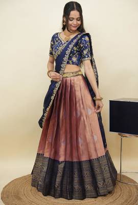 South Indian Style Half Saree With Embroidery Work Blouse & Dupatta for Women 3