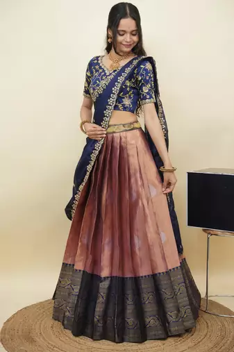 South Indian Style Half Saree With Embroidery Work Blouse & Dupatta for Women