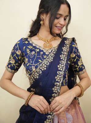 South Indian Style Half Saree With Embroidery Work Blouse & Dupatta for Women 4