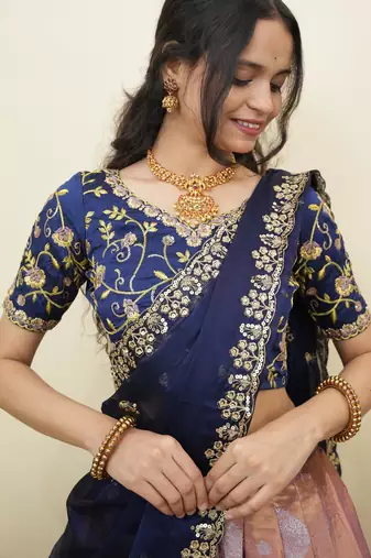 South Indian Style Half Saree With Embroidery Work Blouse & Dupatta for Women
