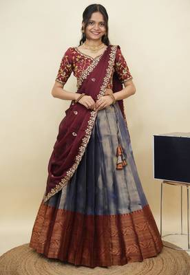 South Indian Style Half Saree With Embroidery Work Blouse & Dupatta for Women 1