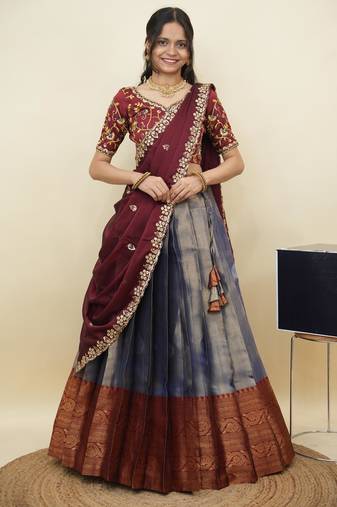 South Indian Style Half Saree With Embroidery Work Blouse & Dupatta for Women
