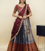 South Indian Style Half Saree With Embroidery Work Blouse & Dupatta for Women