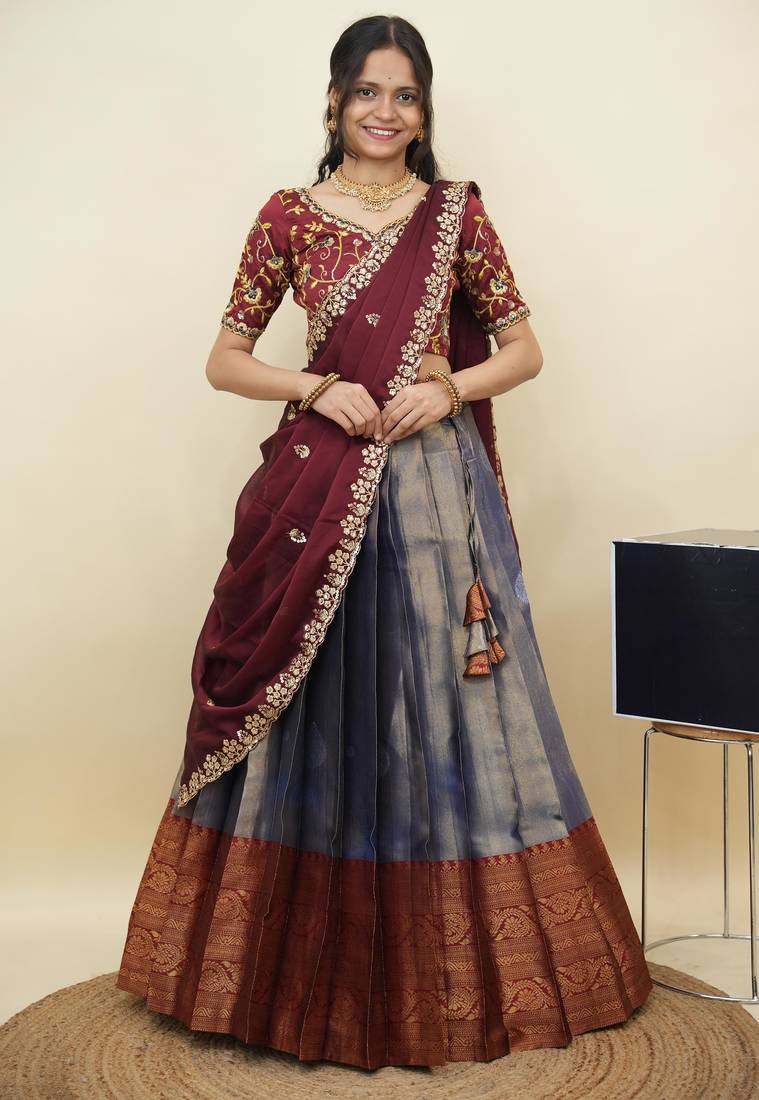 South Indian Style Half Saree With Embroidery Work Blouse & Dupatta for Women
