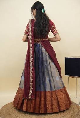 South Indian Style Half Saree With Embroidery Work Blouse & Dupatta for Women 2