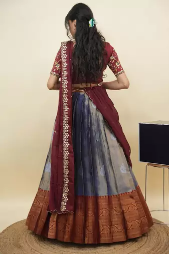 South Indian Style Half Saree With Embroidery Work Blouse & Dupatta for Women