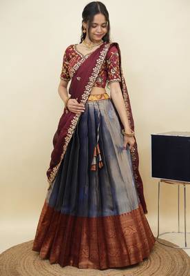 South Indian Style Half Saree With Embroidery Work Blouse & Dupatta for Women 3