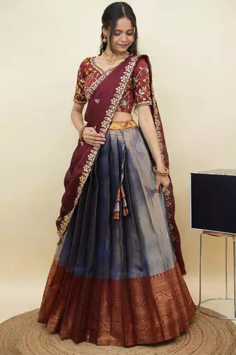 South Indian Style Half Saree With Embroidery Work Blouse & Dupatta for Women