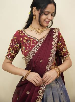 South Indian Style Half Saree With Embroidery Work Blouse & Dupatta for Women 4