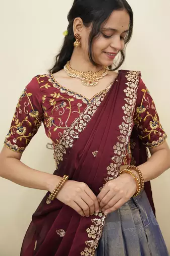 South Indian Style Half Saree With Embroidery Work Blouse & Dupatta for Women