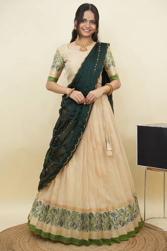 South Indian Style Half Saree With Blouse & Dupatta for Women